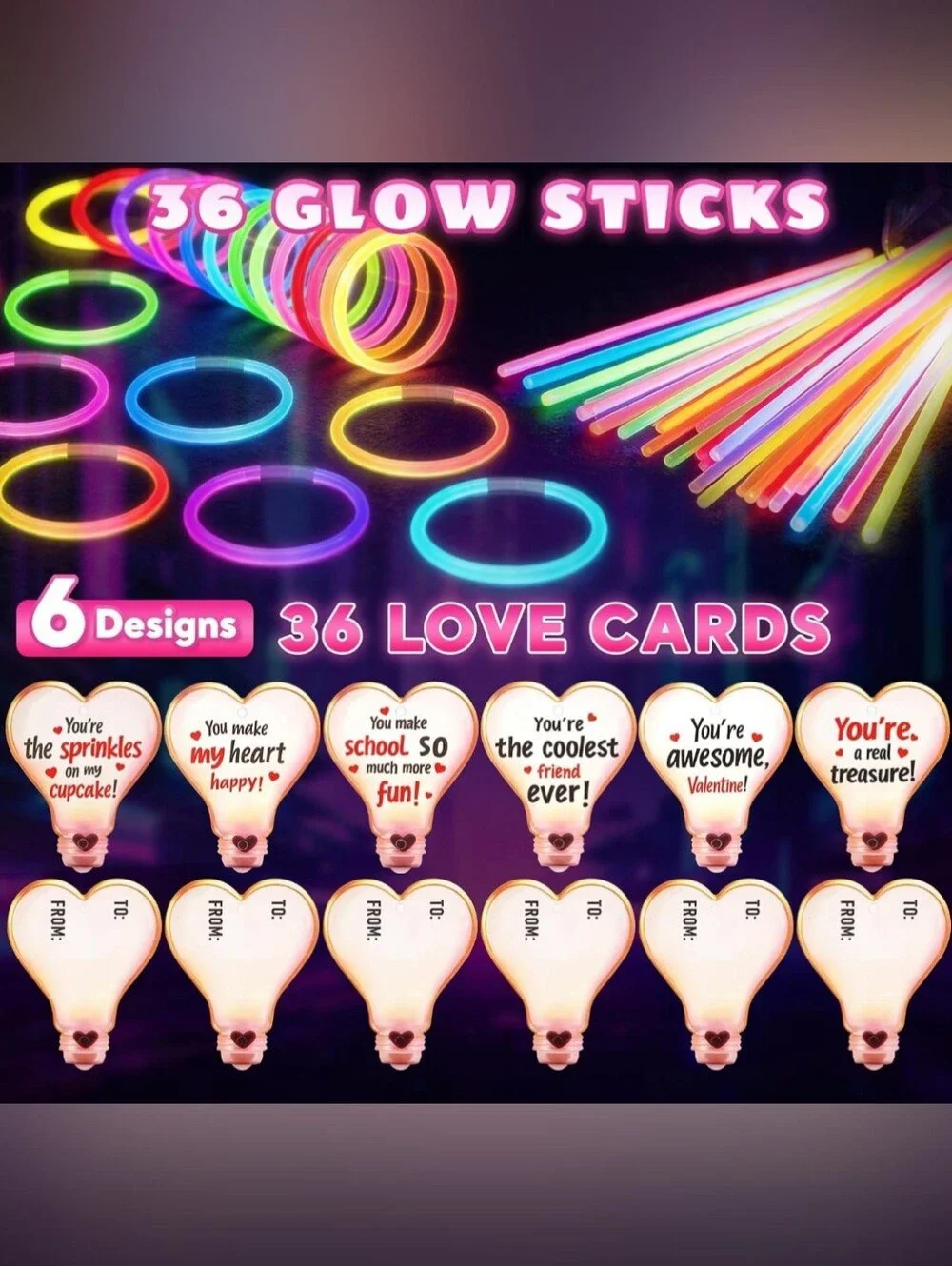 36 Pack Neon Valentine's Day Gift Bulb Cards with Glow Sticks